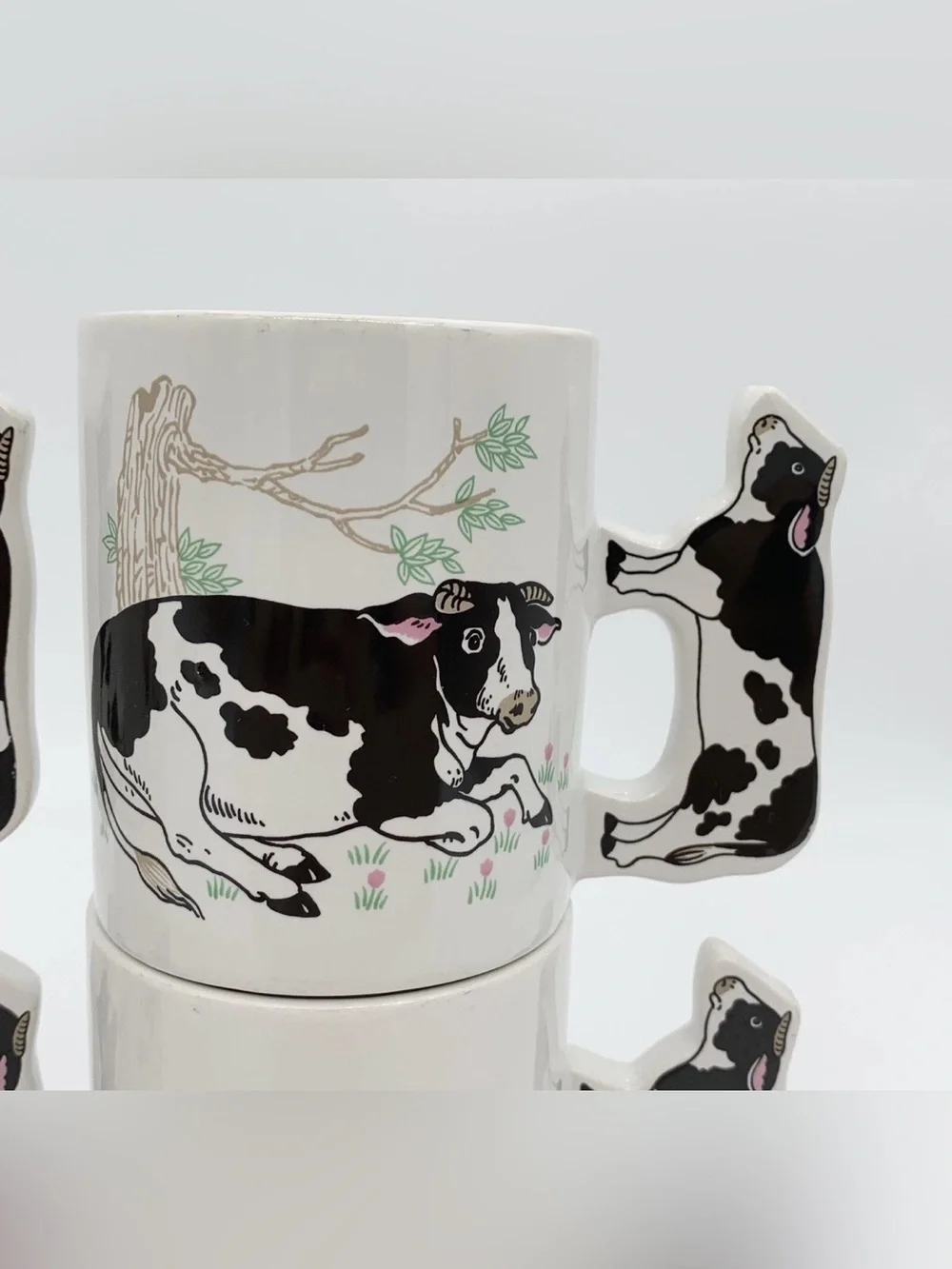 Vintage Enesco Cow Coffee Mug Cow-Shaped Handle FOUR {4} PIECE SET USED.